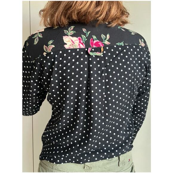 Vintage 90s Polka Dot blouse Size Small Floral mixed Print Cropped Rayon - Picture 3 of 5